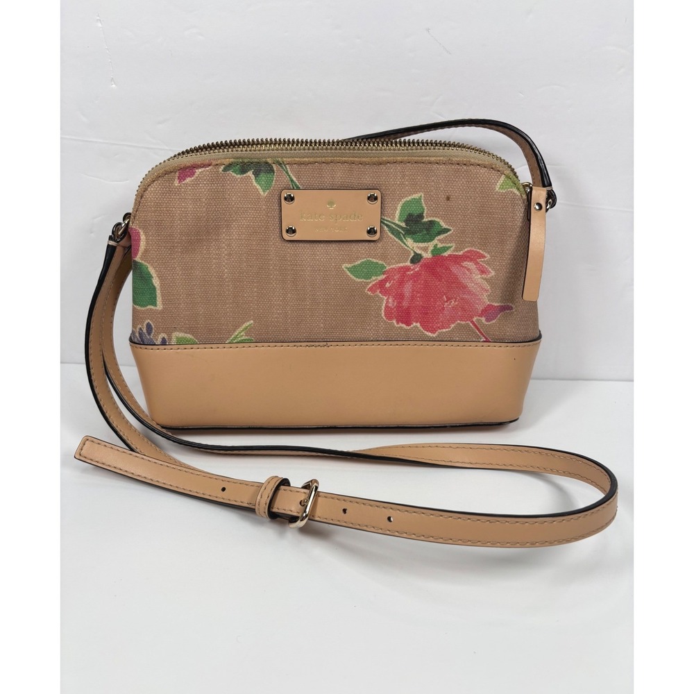 Kate Spade Womens Hanna Jute Linen Small Crossbody Bag Floral Canvas Tan Leather